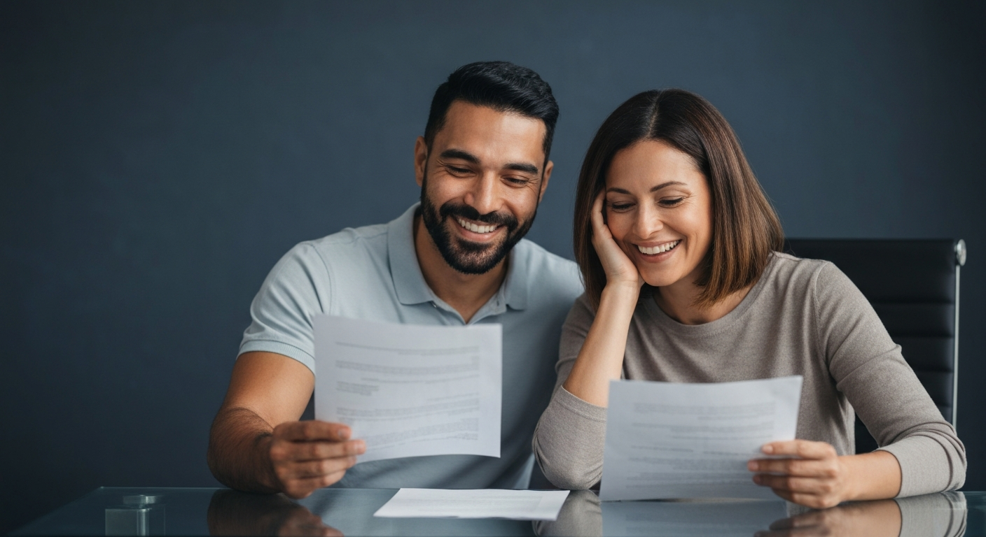 Happy couple reviewing finances