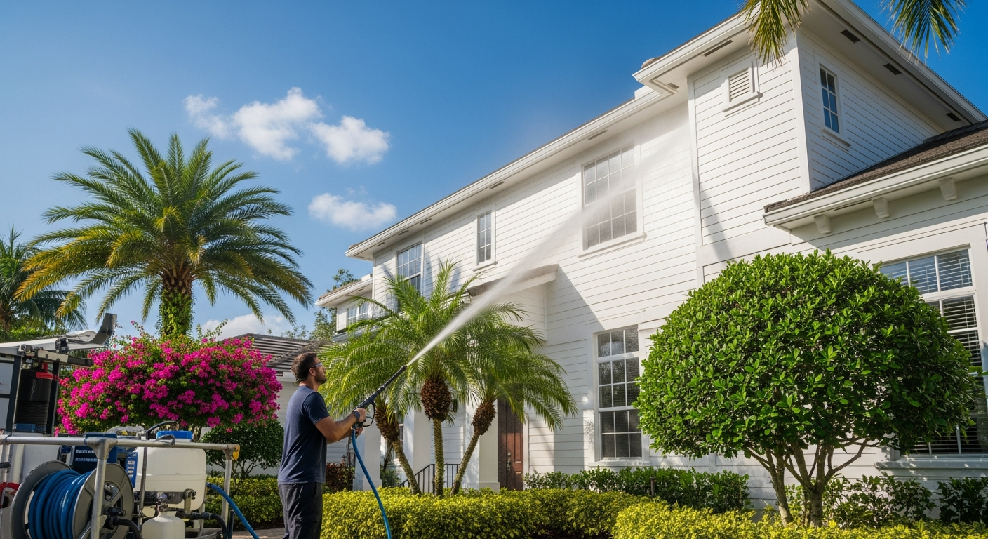 Professional exterior cleaning technician soft washing a Florida home