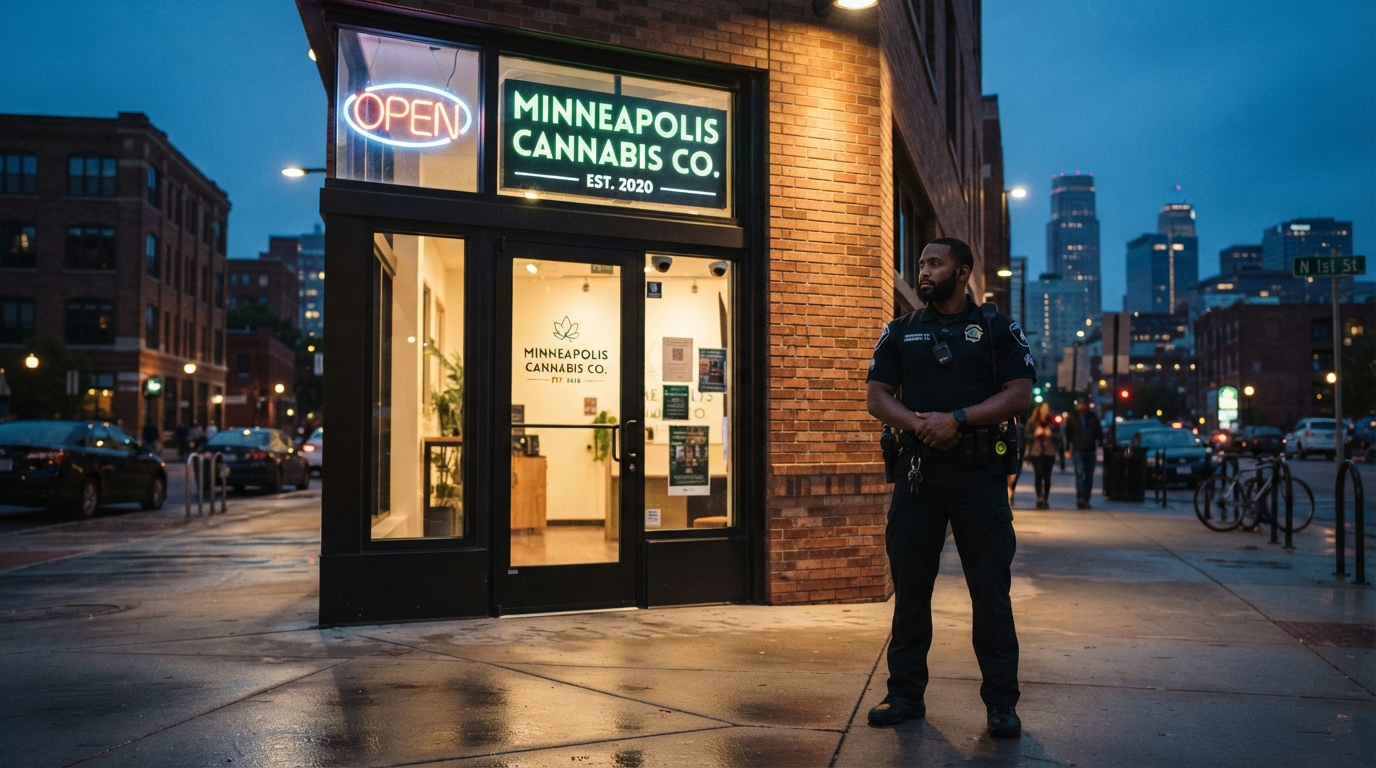 Professional security guard outside a cannabis dispensary