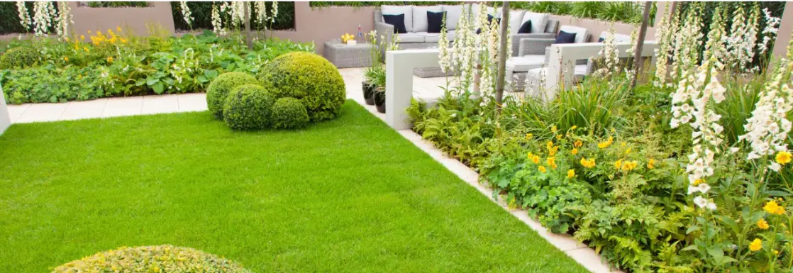 Beautifully landscaped garden with manicured lawn and vibrant flowers