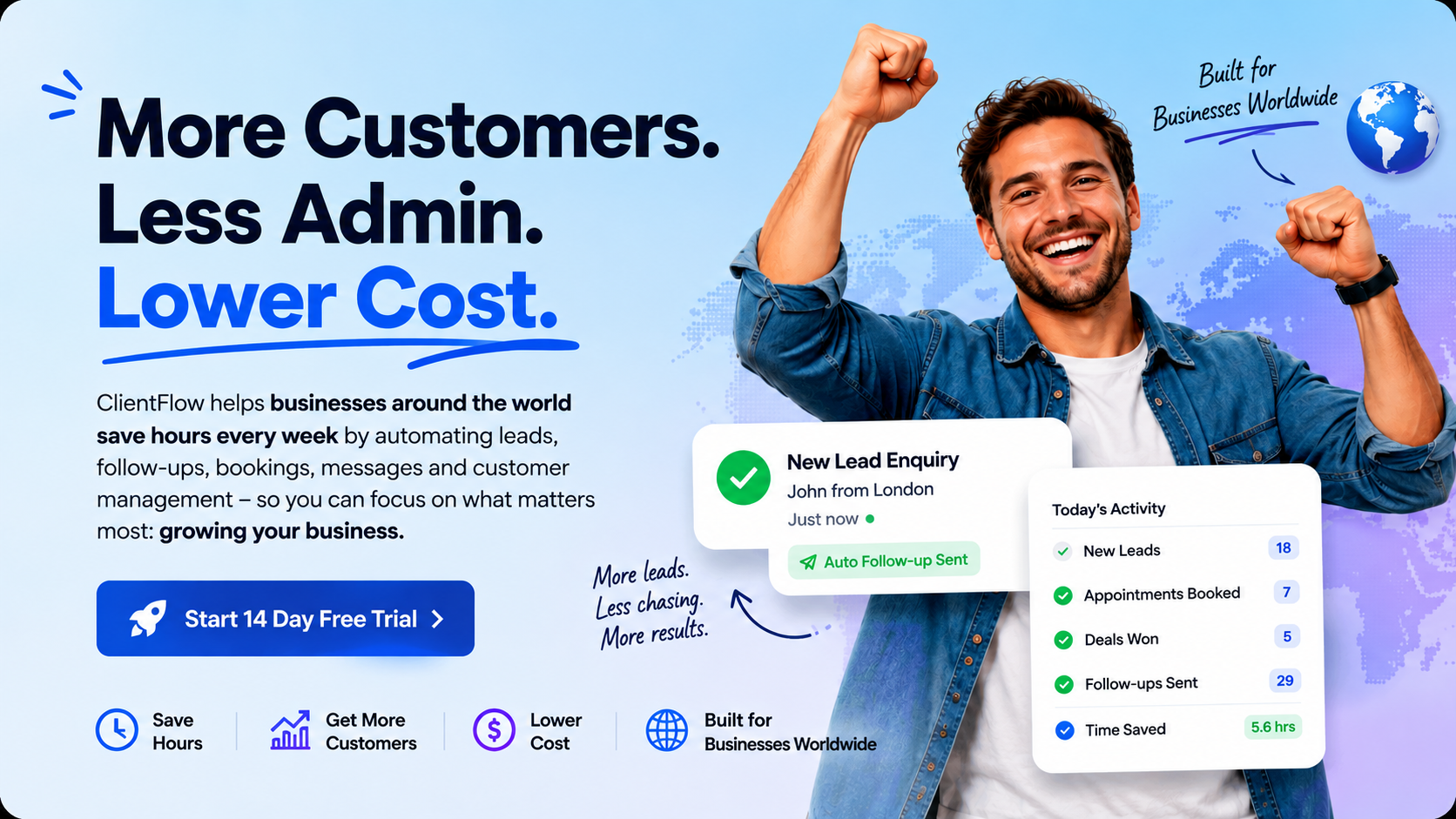 More Customers. Less Admin. Lower Cost. ClientFlow helps businesses and solopreneurs grow.