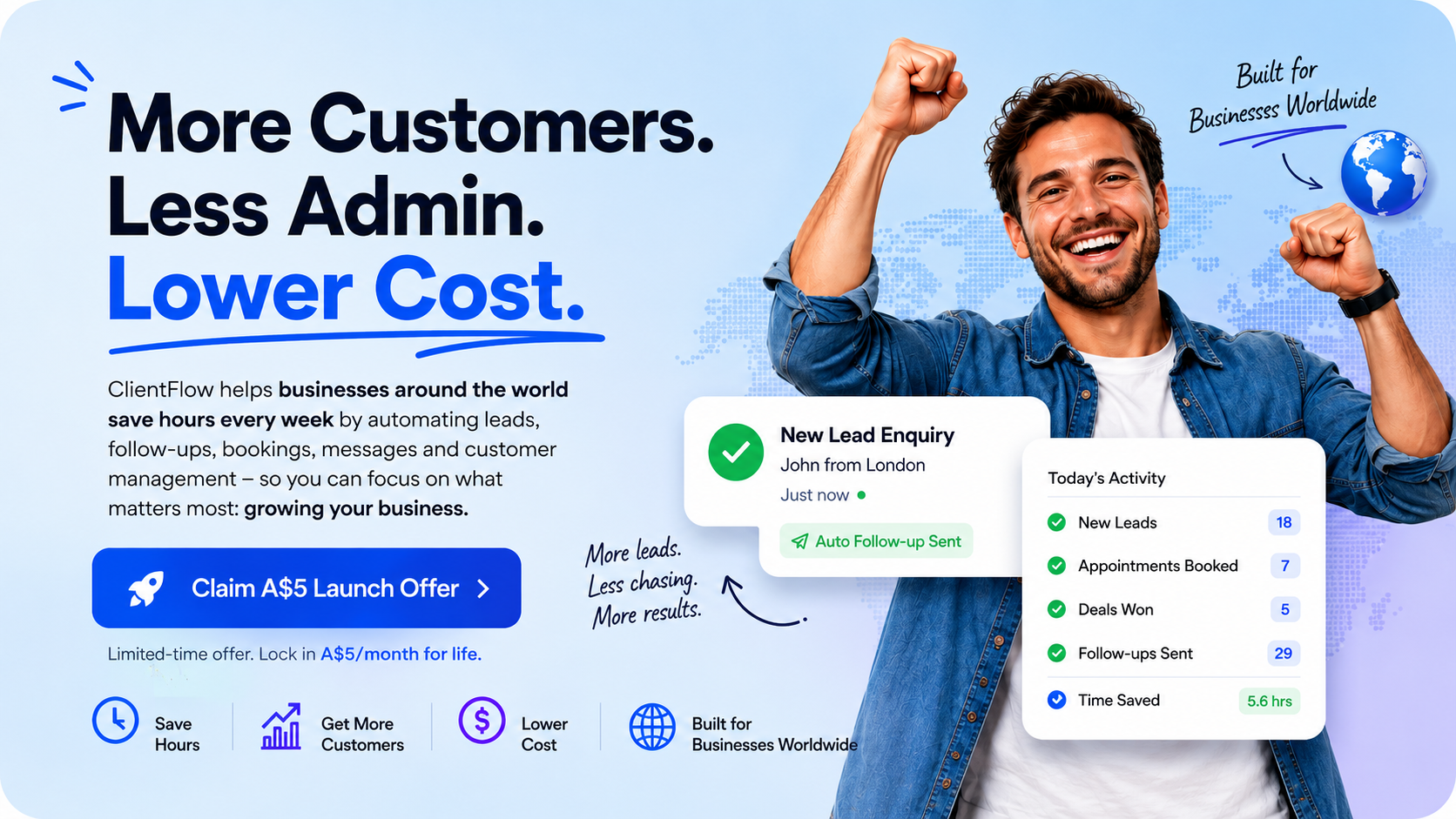 More Customers. Less Admin. Lower Cost. ClientFlow helps businesses and solopreneurs grow.
