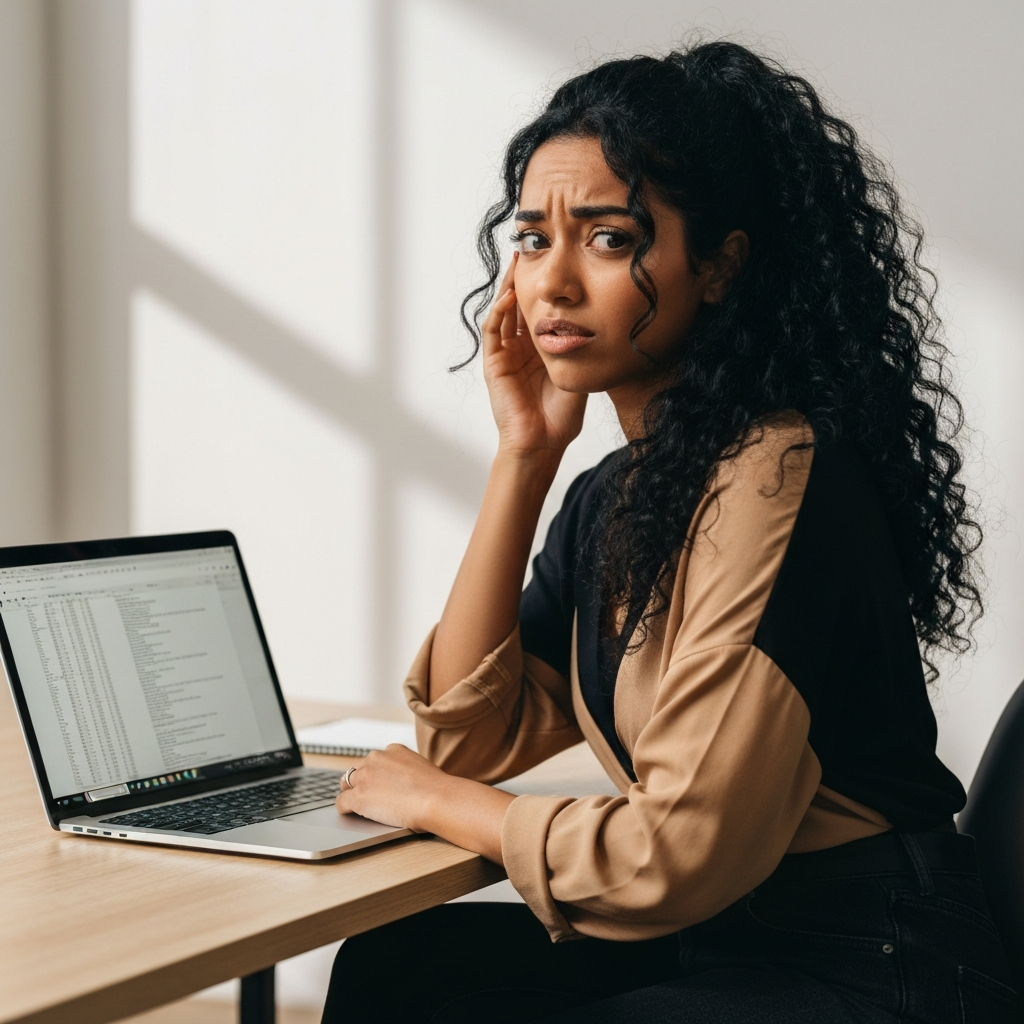 Confused woman of color at laptop in tan and black outfit