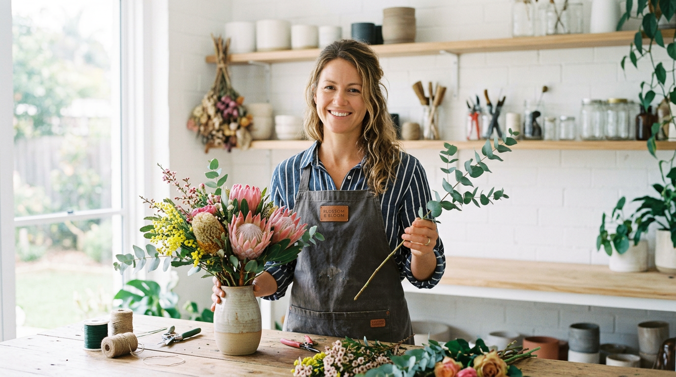 Florist arranging flowers in a small business shop