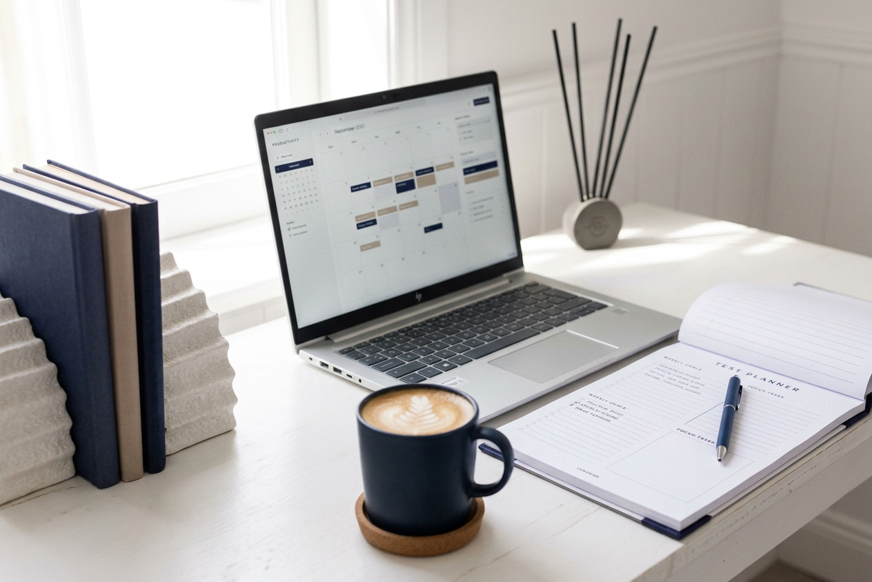 Organised desk with laptop showing cloud accounting software