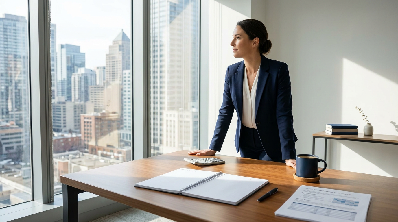 Professional working at a desk with a laptop in a modern office
