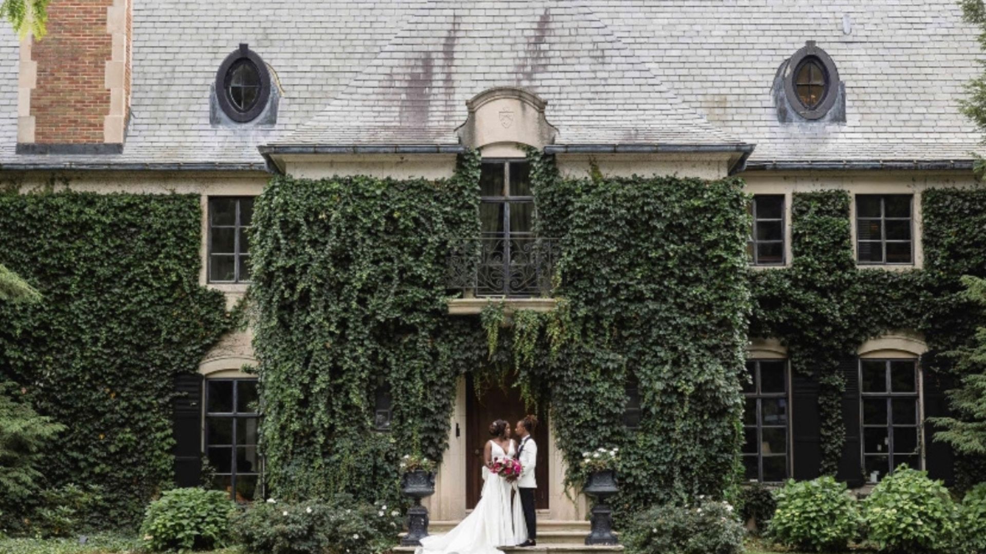 Black bridal couple at estate wedding venue with beauty services by Nicki Rouge Brands Chicago