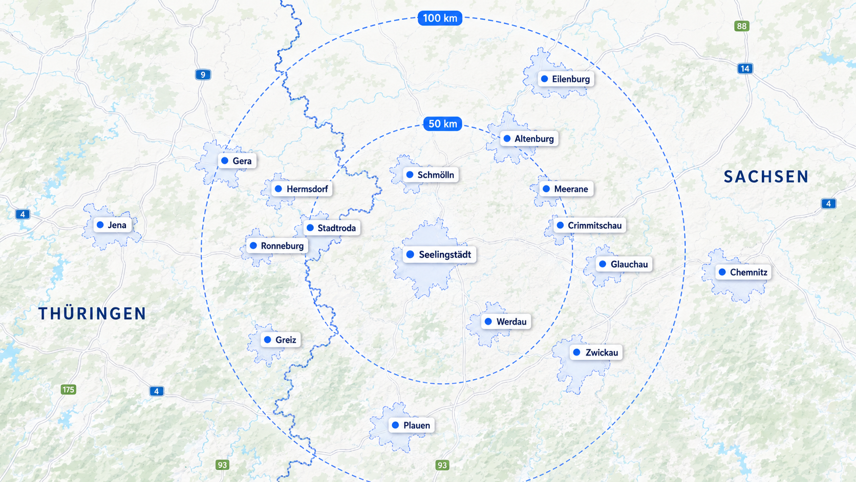 Karte unserer Einsatzgebiete für Entrümpelungen in Thüringen und Sachsen