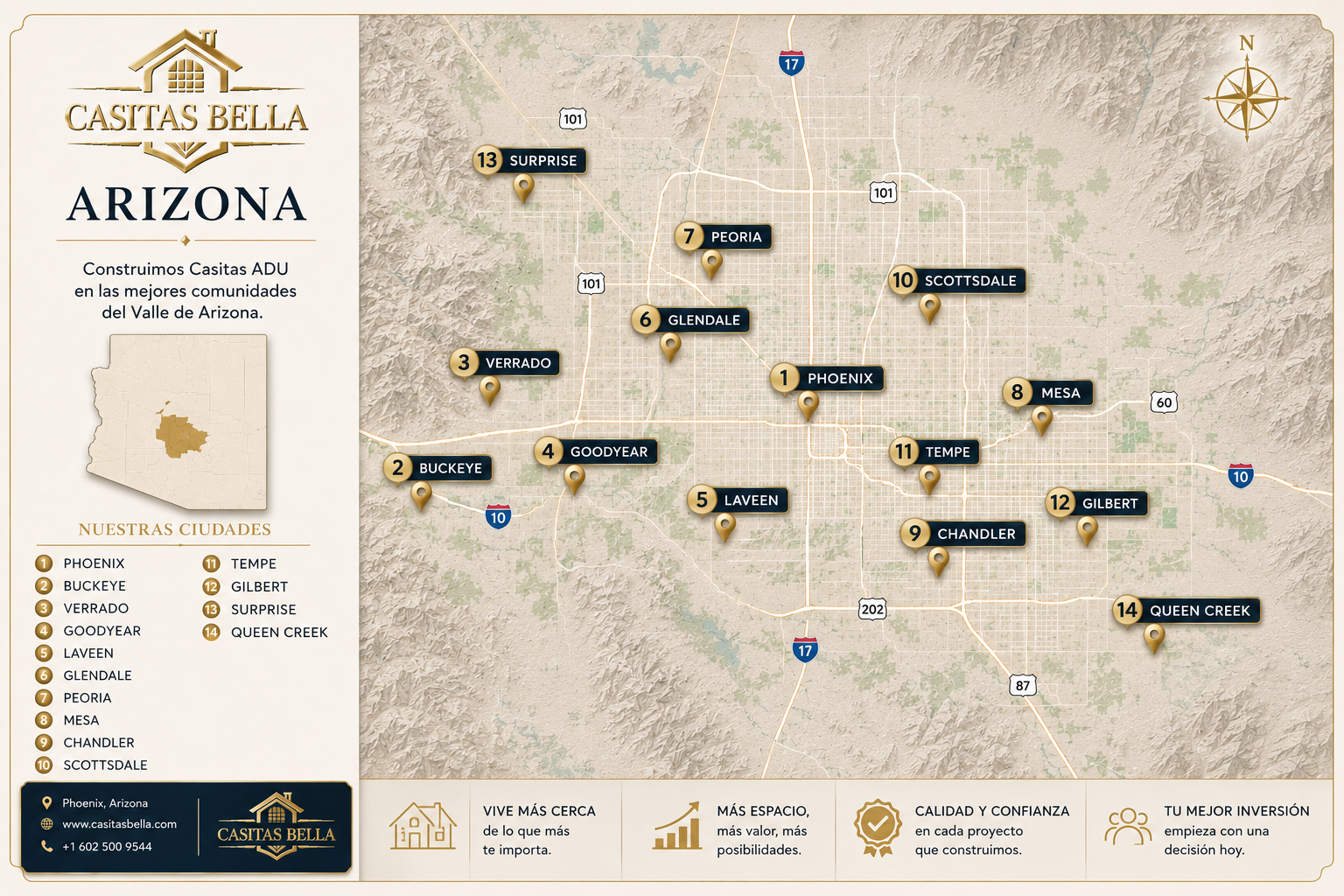 Mapa de Arizona - Ciudades que servimos con Casitas Bella