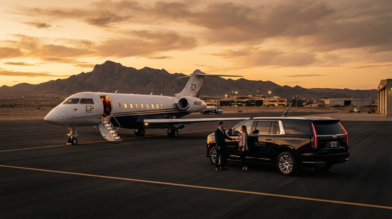 Private jet and luxury SUV at El Paso airport