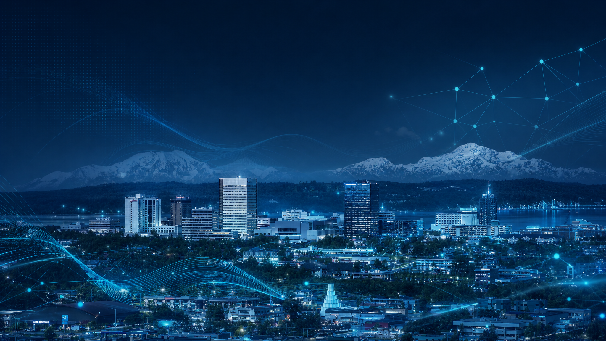 Anchorage skyline with digital network overlay