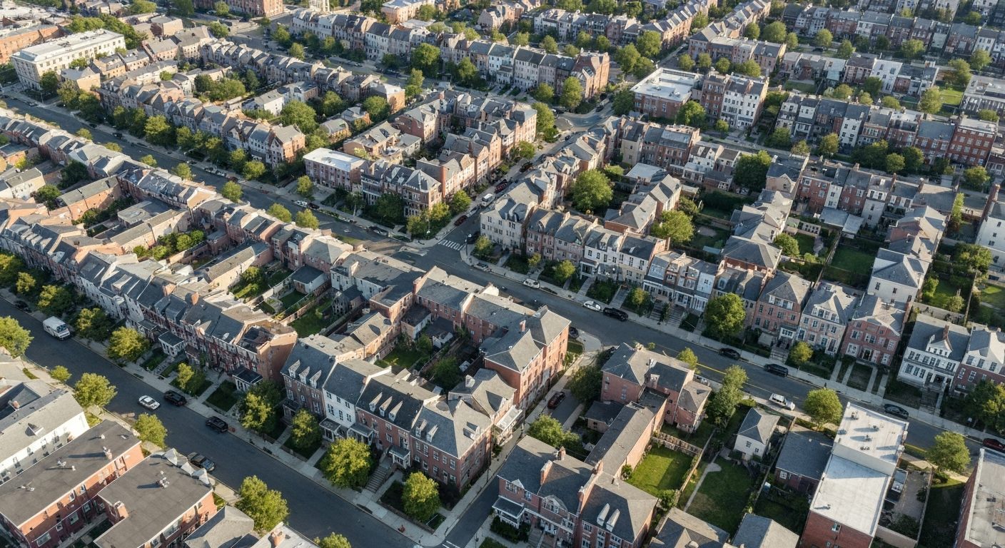 Top-down bird's eye drone view of a Washington DC neighborhood