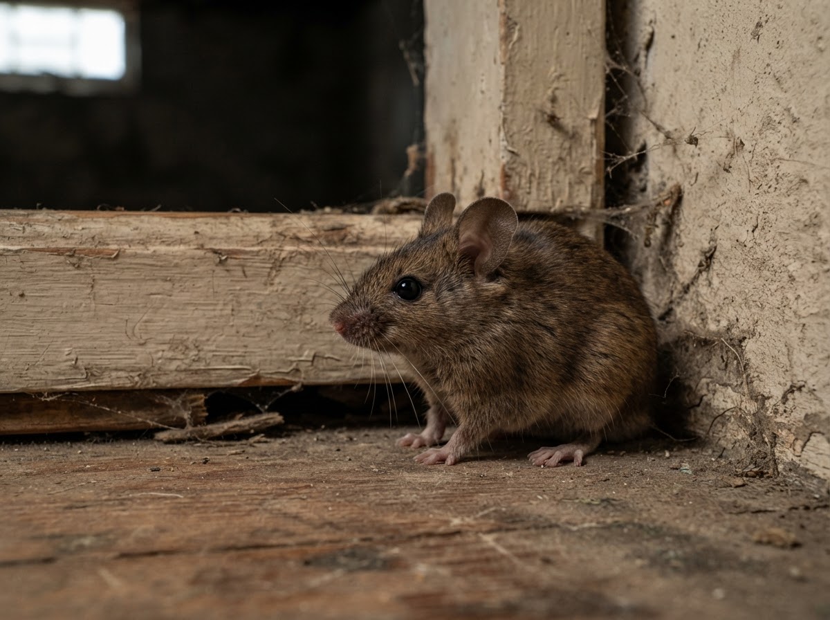 House mouse near baseboard