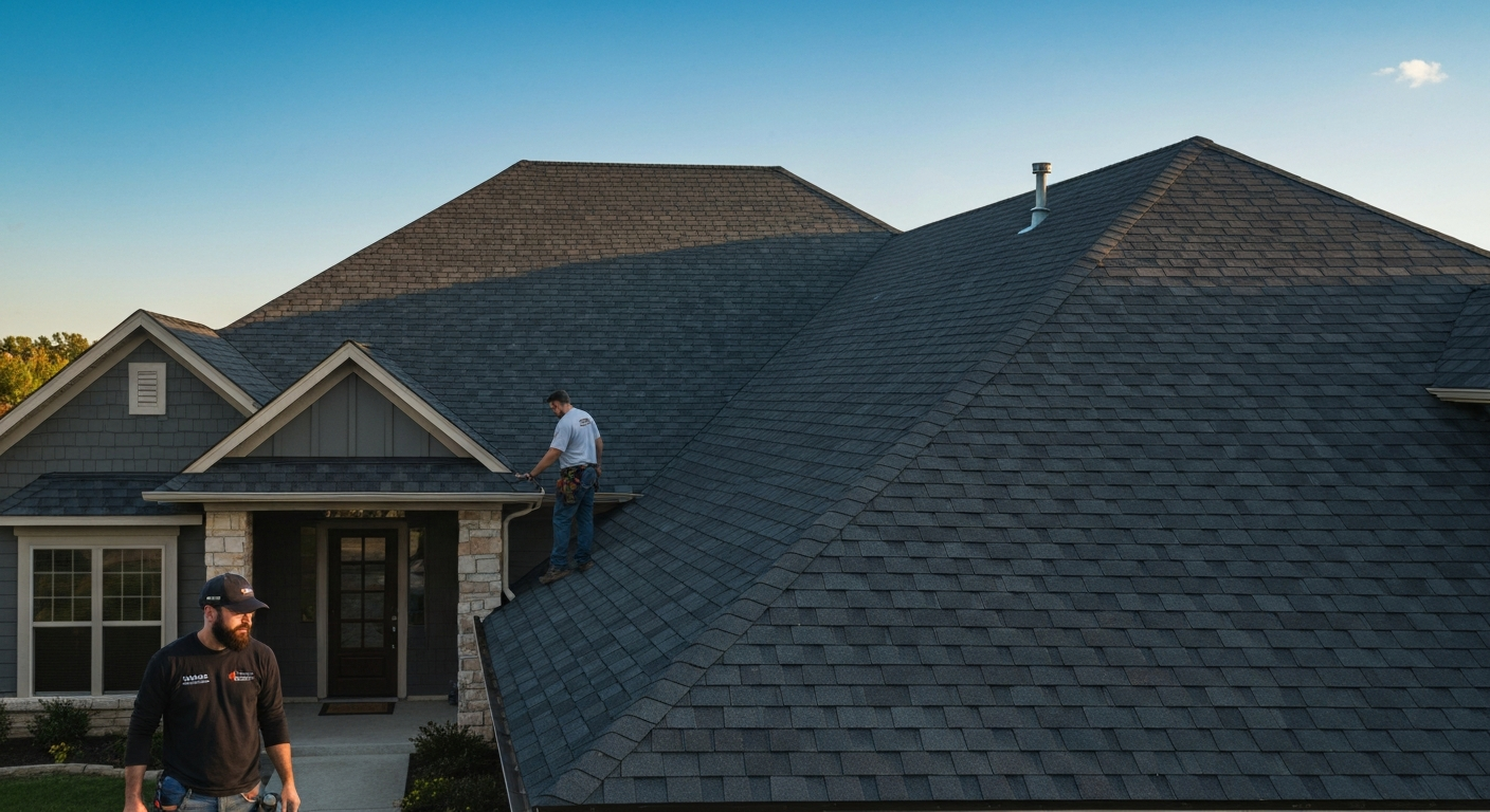 Professional roofers installing a new roof on a suburban home