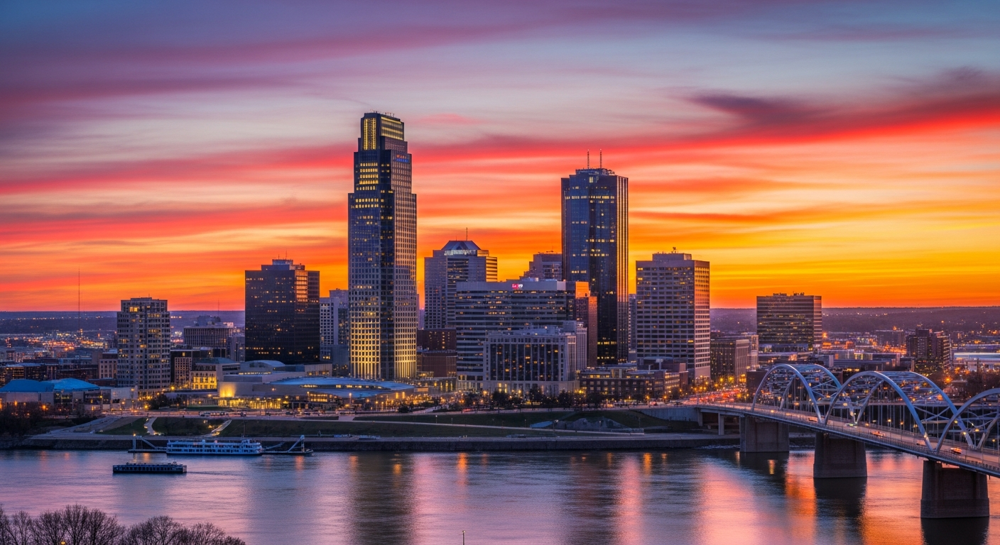 Omaha Nebraska skyline at sunset