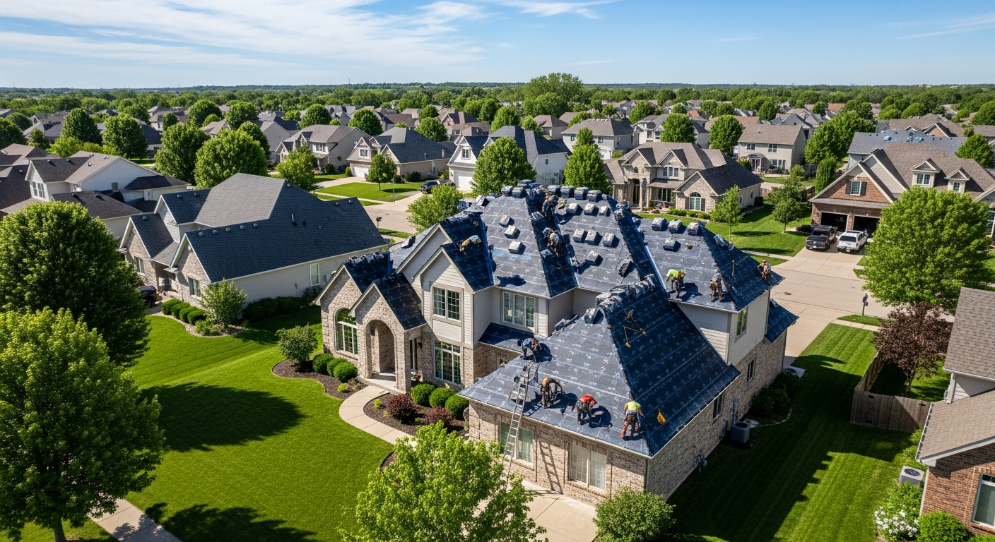 Roofing crew installing shingles on Omaha Nebraska home