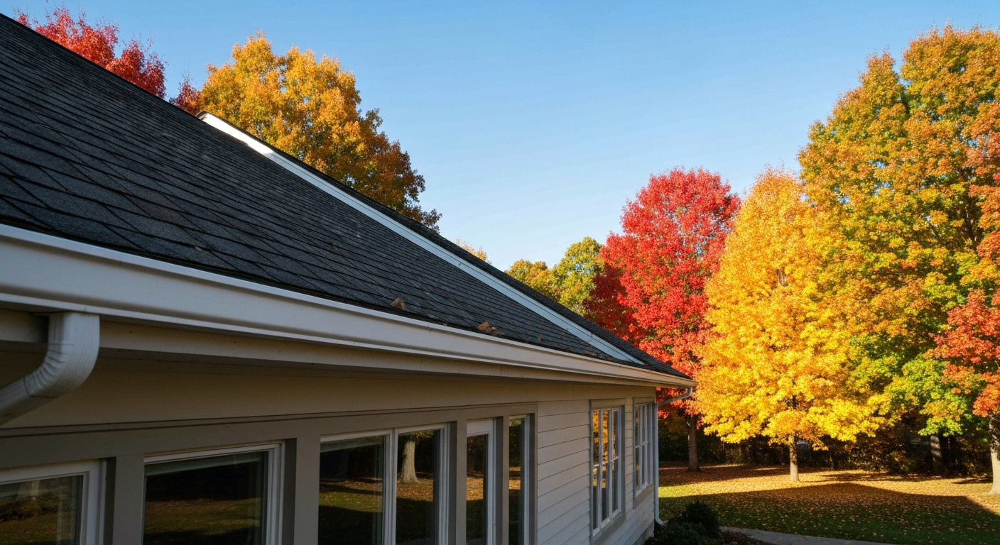 Pristine house roofline with clean, clear gutters surrounded by autumn trees