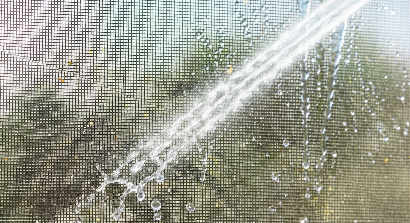 A clean window screen being washed with water spray to remove dust and pollen
