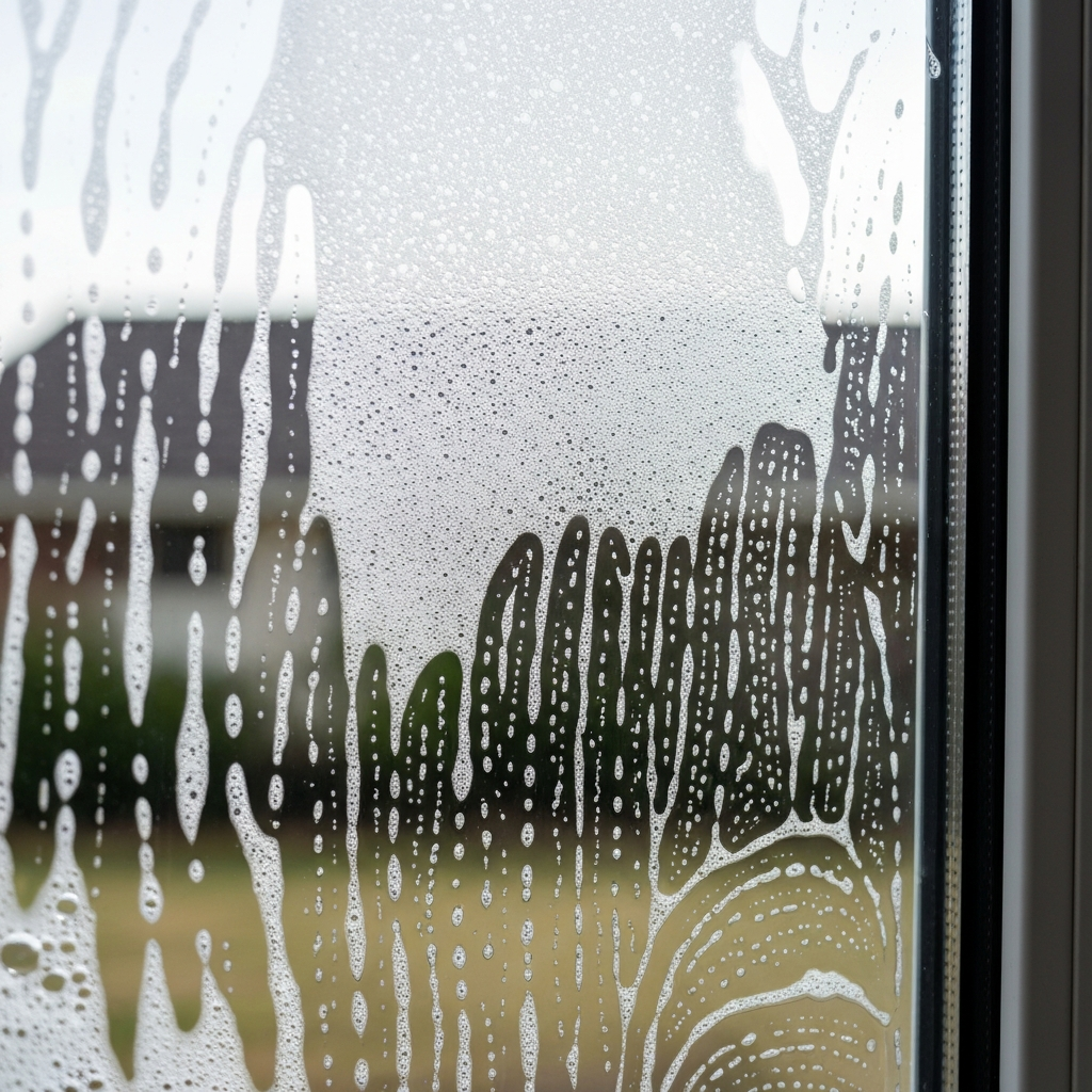 Close up of soapy suds covering a residential window pane being washed