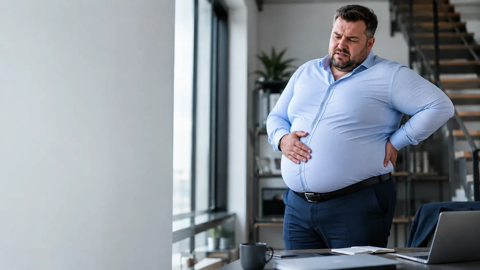 Obese man working at desk