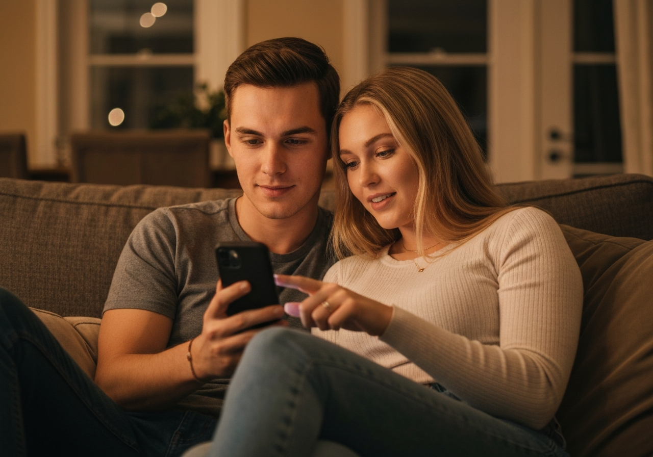 Brautpaar sucht abends am Smartphone nach Anbietern