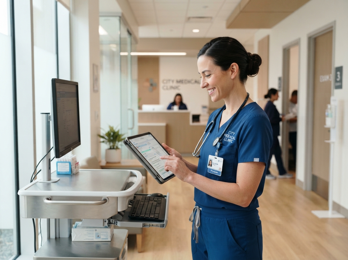 Healthcare professional using tablet technology