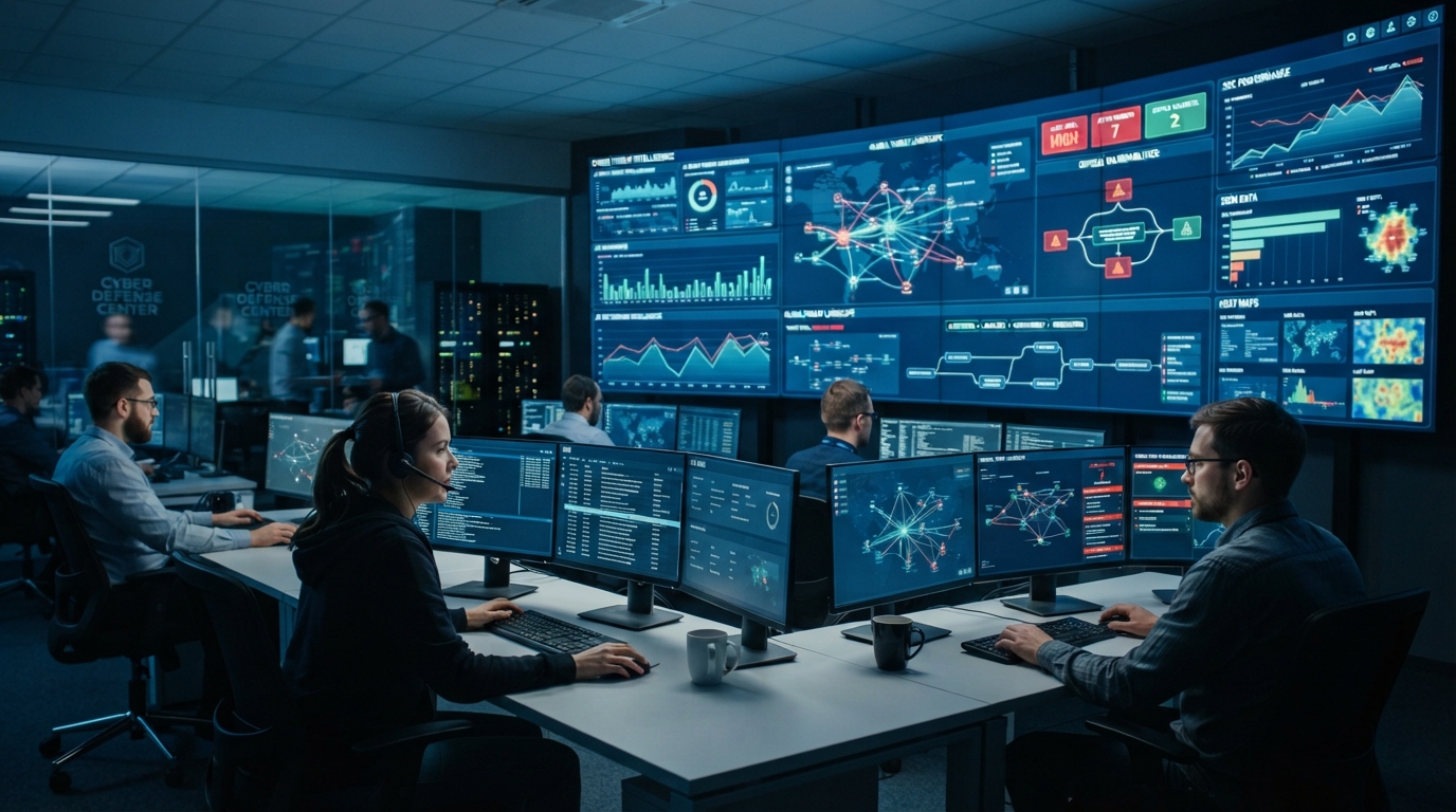 AI-powered cybersecurity operations center with real-time threat detection dashboards and automated response monitoring