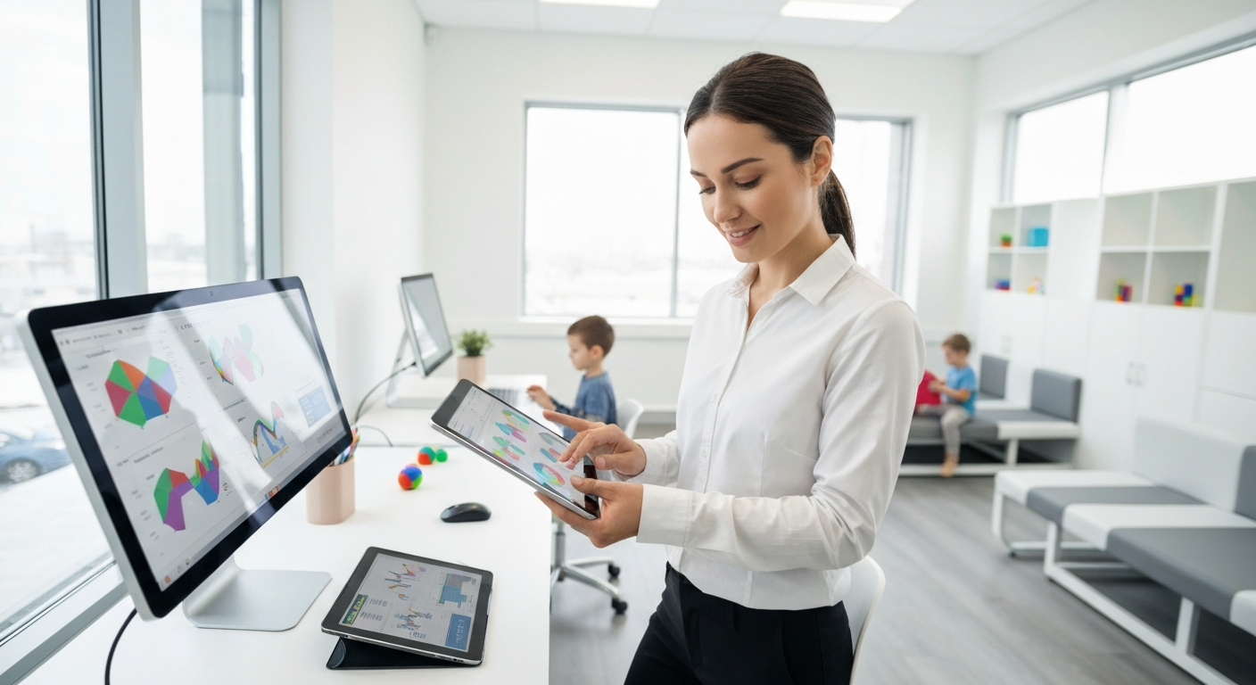 ABA therapist using tablet for data collection