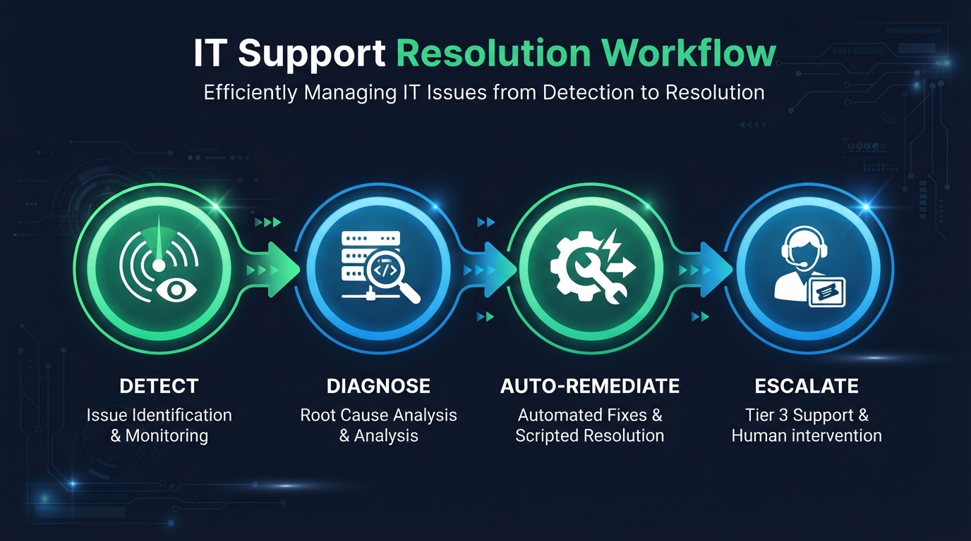 AI troubleshooting workflow: Detect, Diagnose, Auto-Remediate, and Escalate — how EZETech automates IT issue resolution