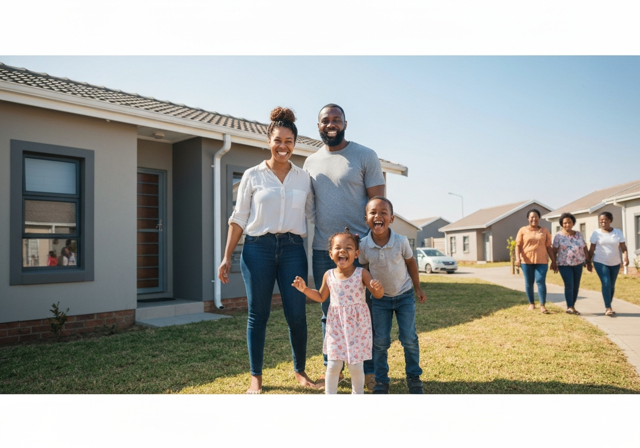 Happy family outside their new home