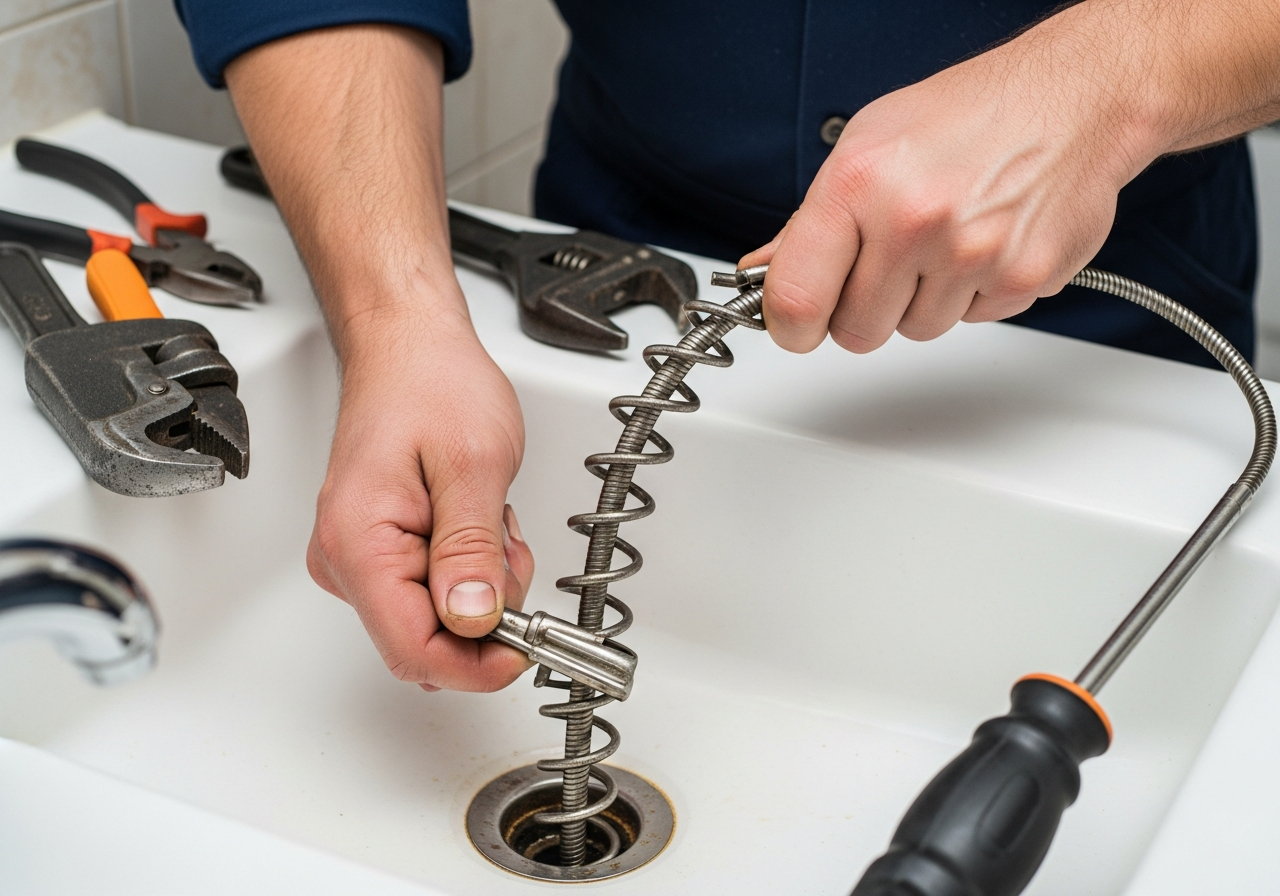 Plumber using a drain snake auger in Wilmington NC