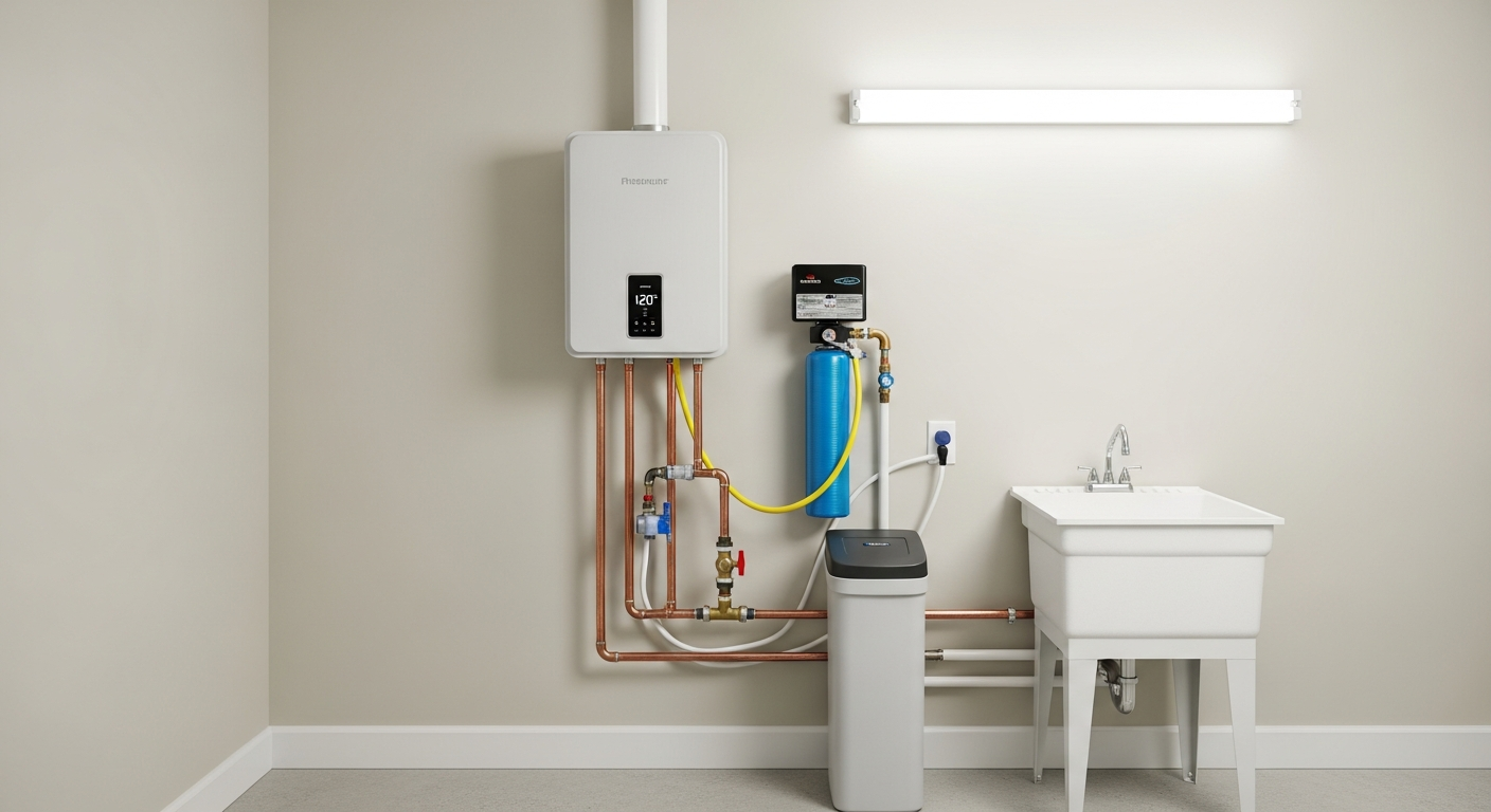 Modern compact tankless water heater on an interior wall