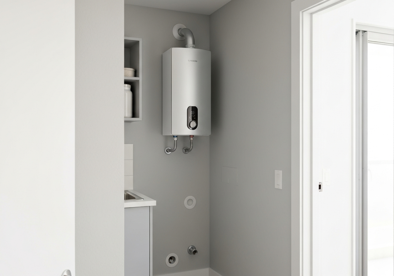 Traditional cylindrical tank water heater in a utility space