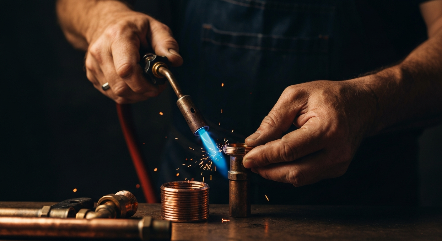 Plumber working on copper pipe with blowtorch
