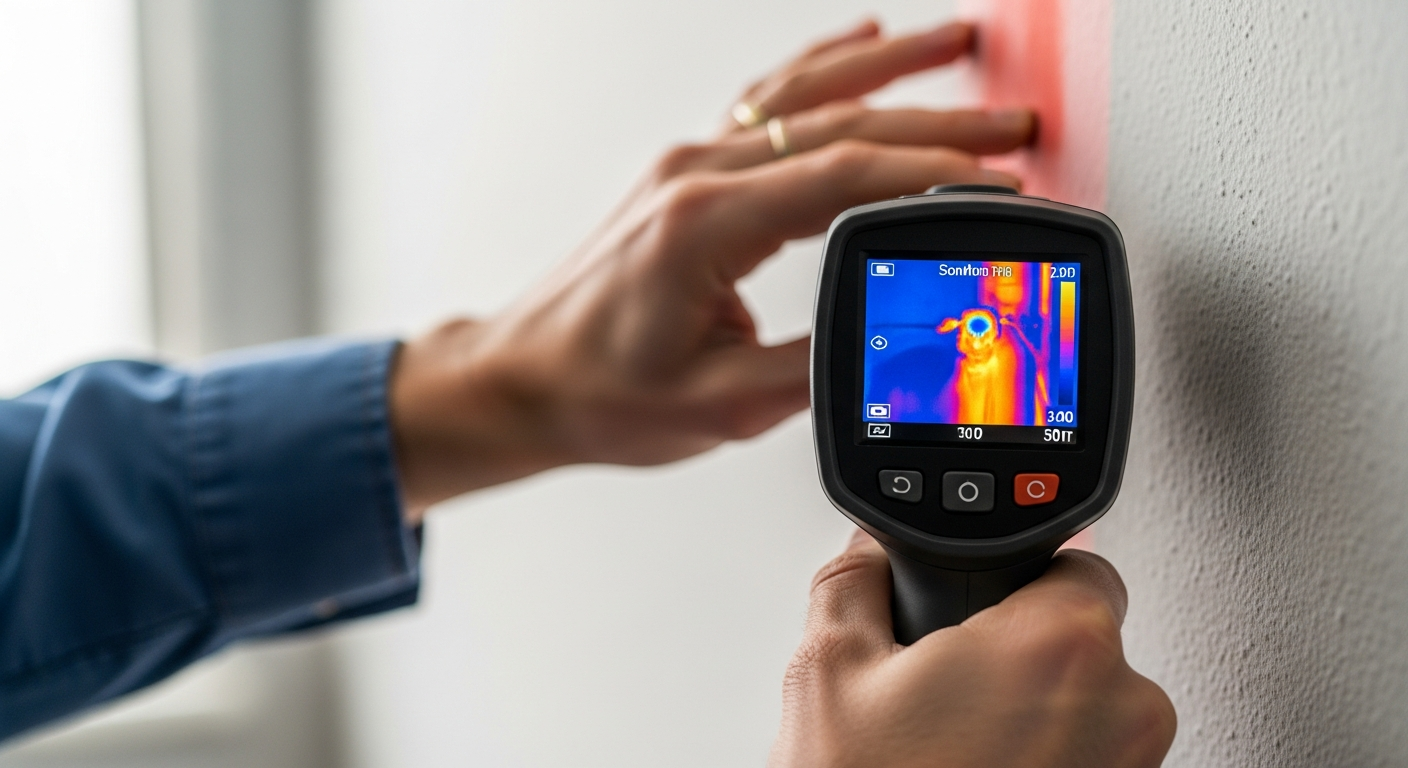 Plumber using thermal imaging leak detection equipment