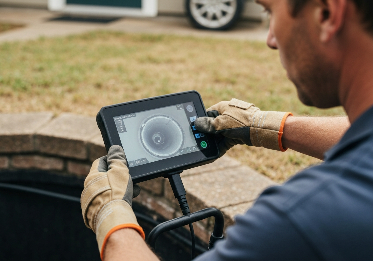 Plumber inspecting sewer line with camera in Wilmington NC