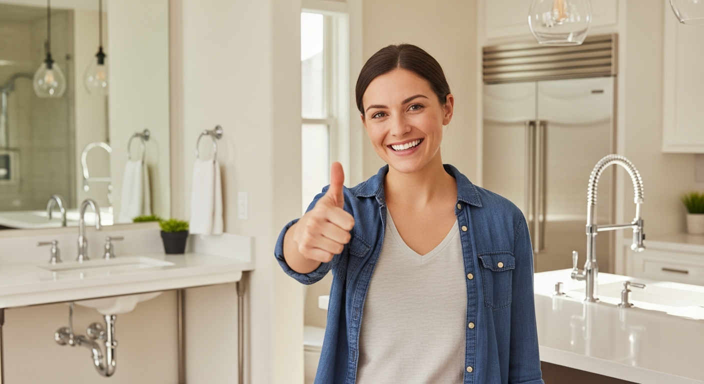 Happy homeowner giving thumbs up in their home with modern plumbing fixtures