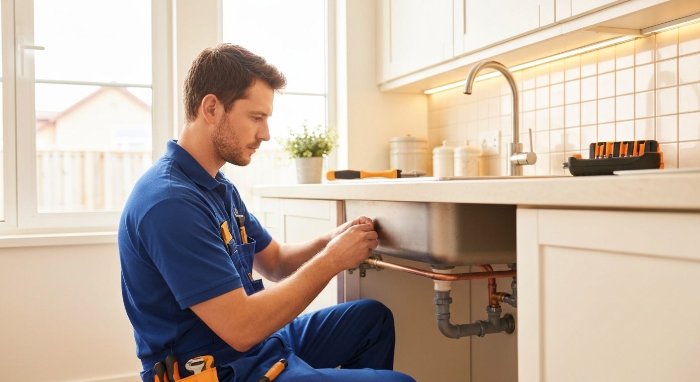 Residential plumber working on pipes under a kitchen sink