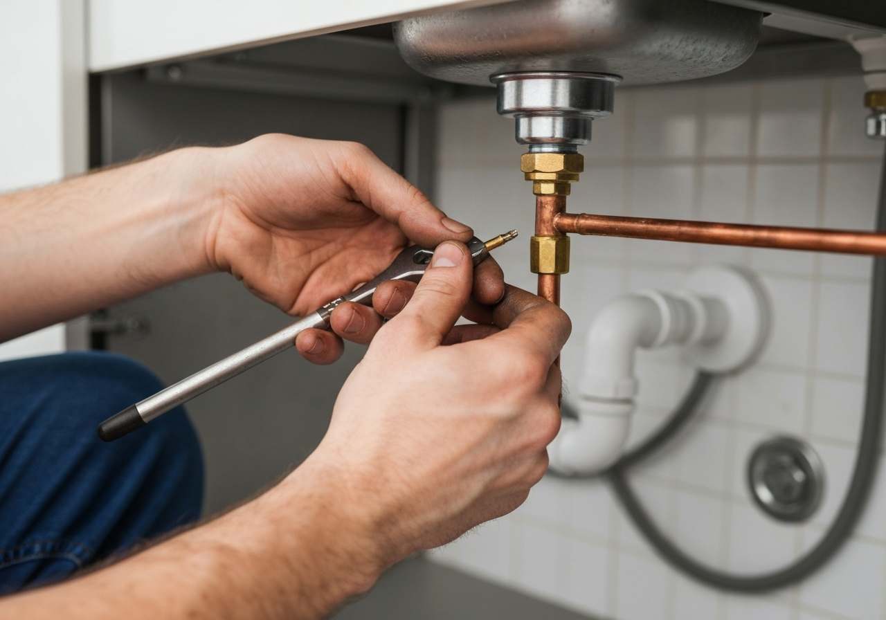 Plumber repairing leaking pipe