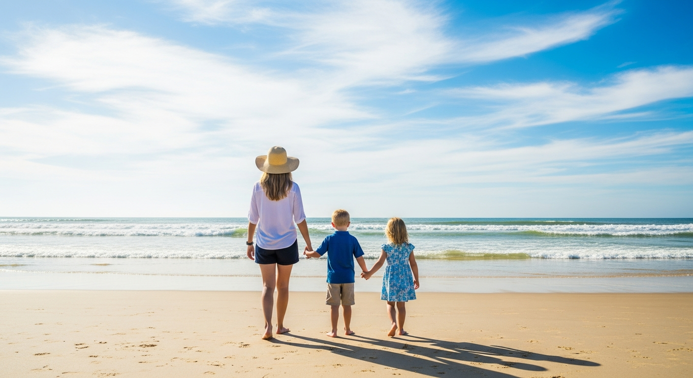 Family enjoying a sunny beach day on the North Carolina coast