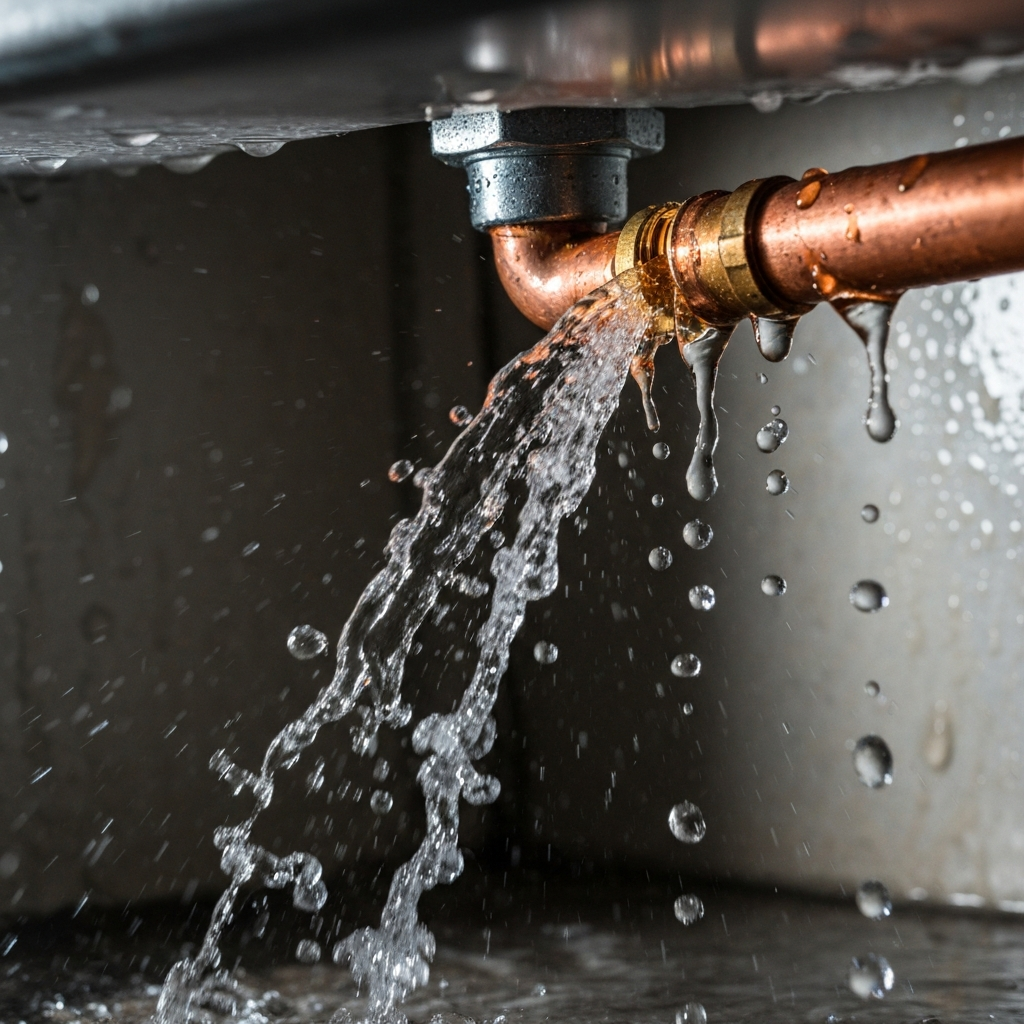 Burst copper water pipe leaking in Wilmington NC home