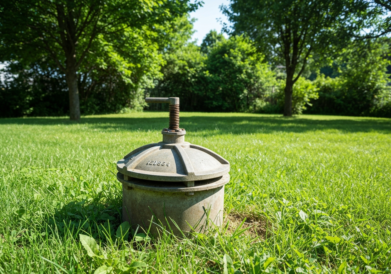 Residential wellhead cap in a yard setting