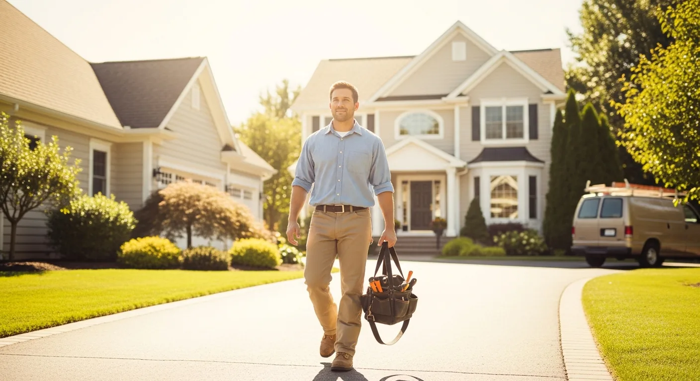 Plumber arriving at a suburban home ready to work
