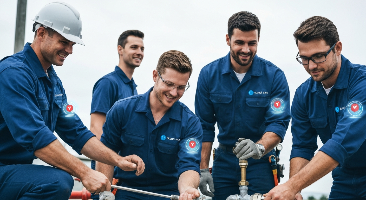 HVAC, plumbing, and electrical technicians in branded uniforms with subtle glowing notification elements