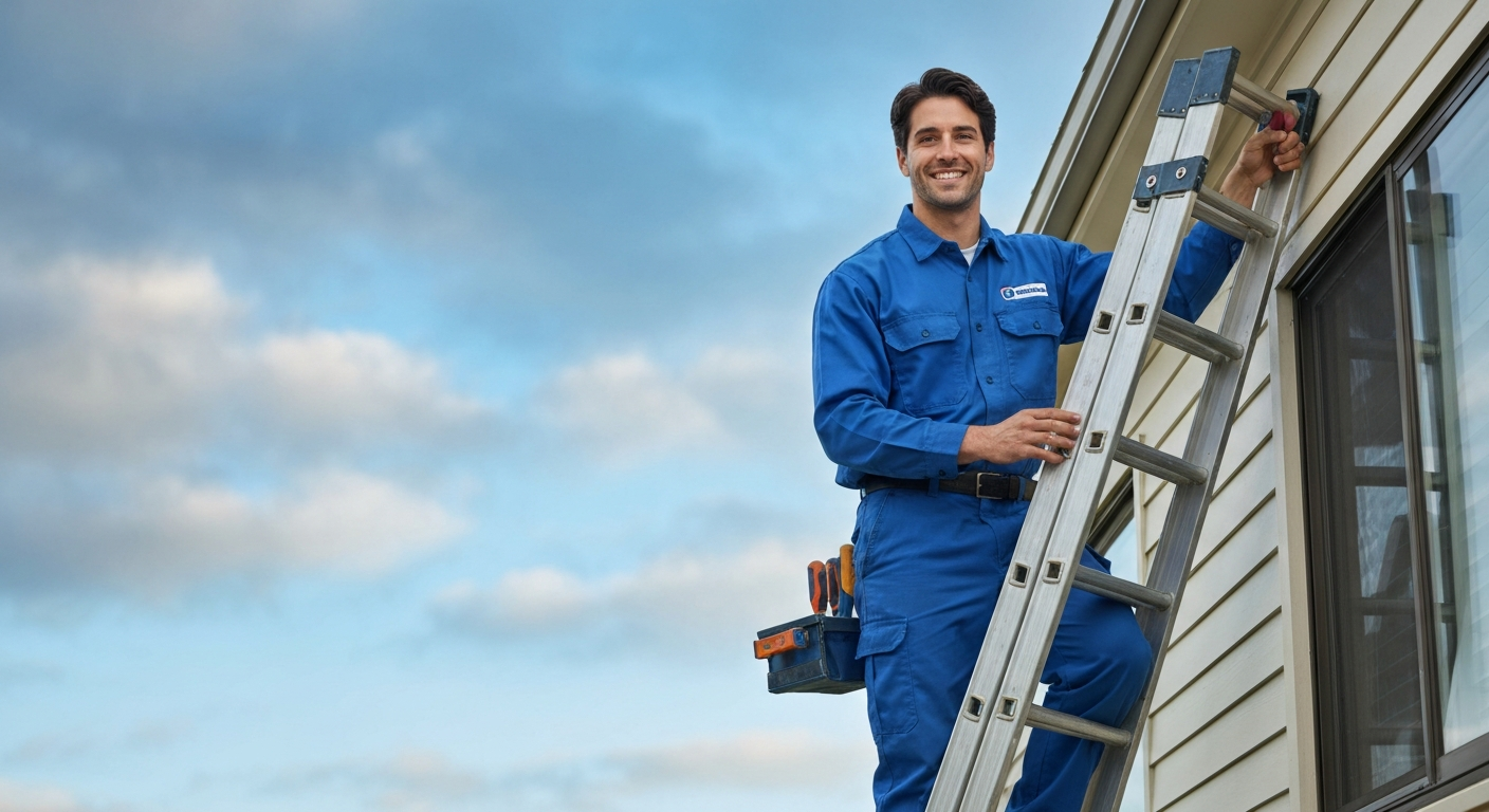 HVAC technician on a hot rooftop servicing a condenser unit while a glowing phone nearby shows an auto-reply text being sent