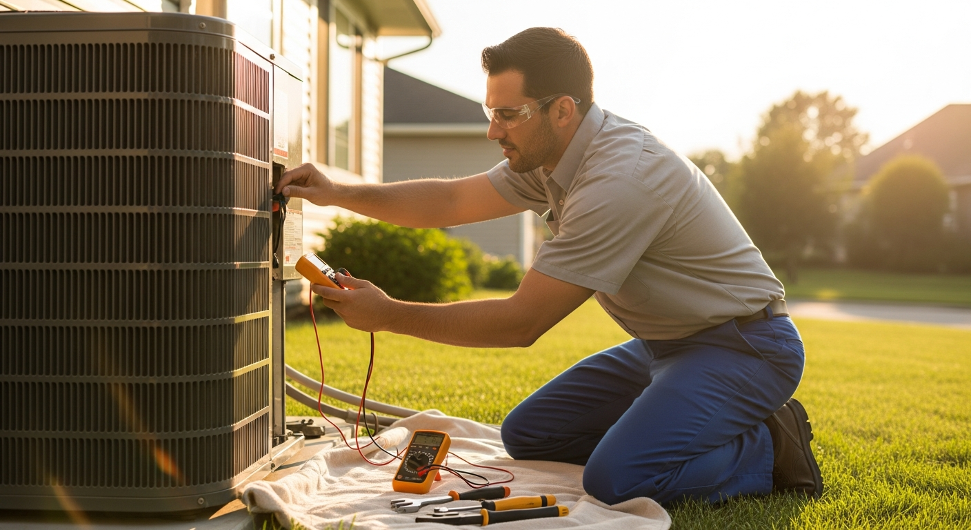 HVAC technician servicing outdoor unit