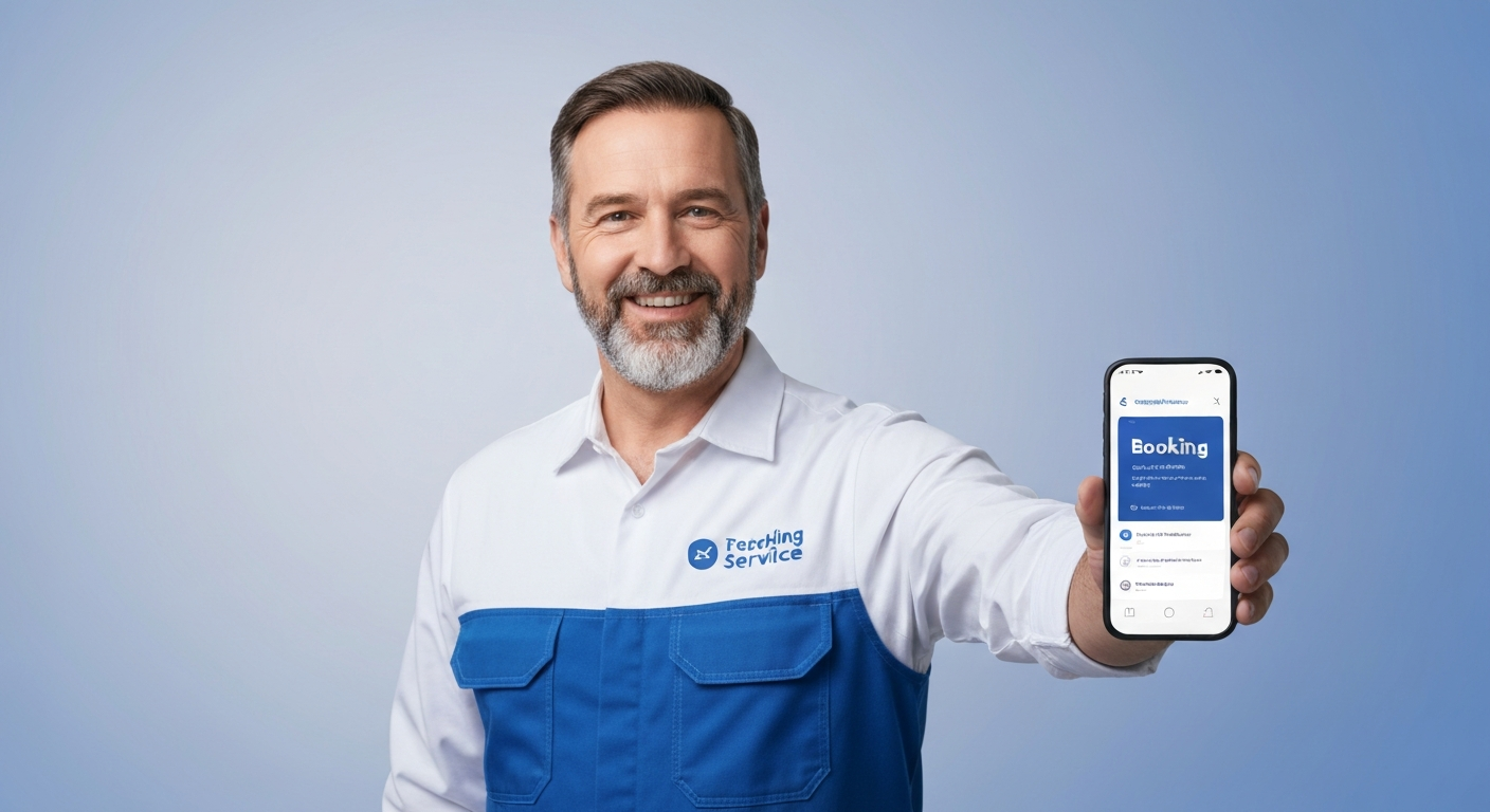 Friendly home service technician in branded uniform smiling at a smartphone