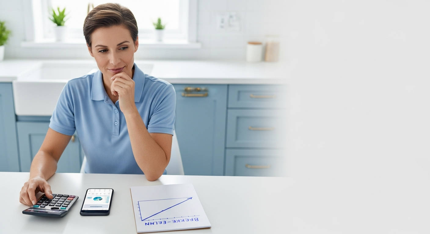 Home service owner at a kitchen table with a calculator, a phone, and a simple notepad showing a break-even line
