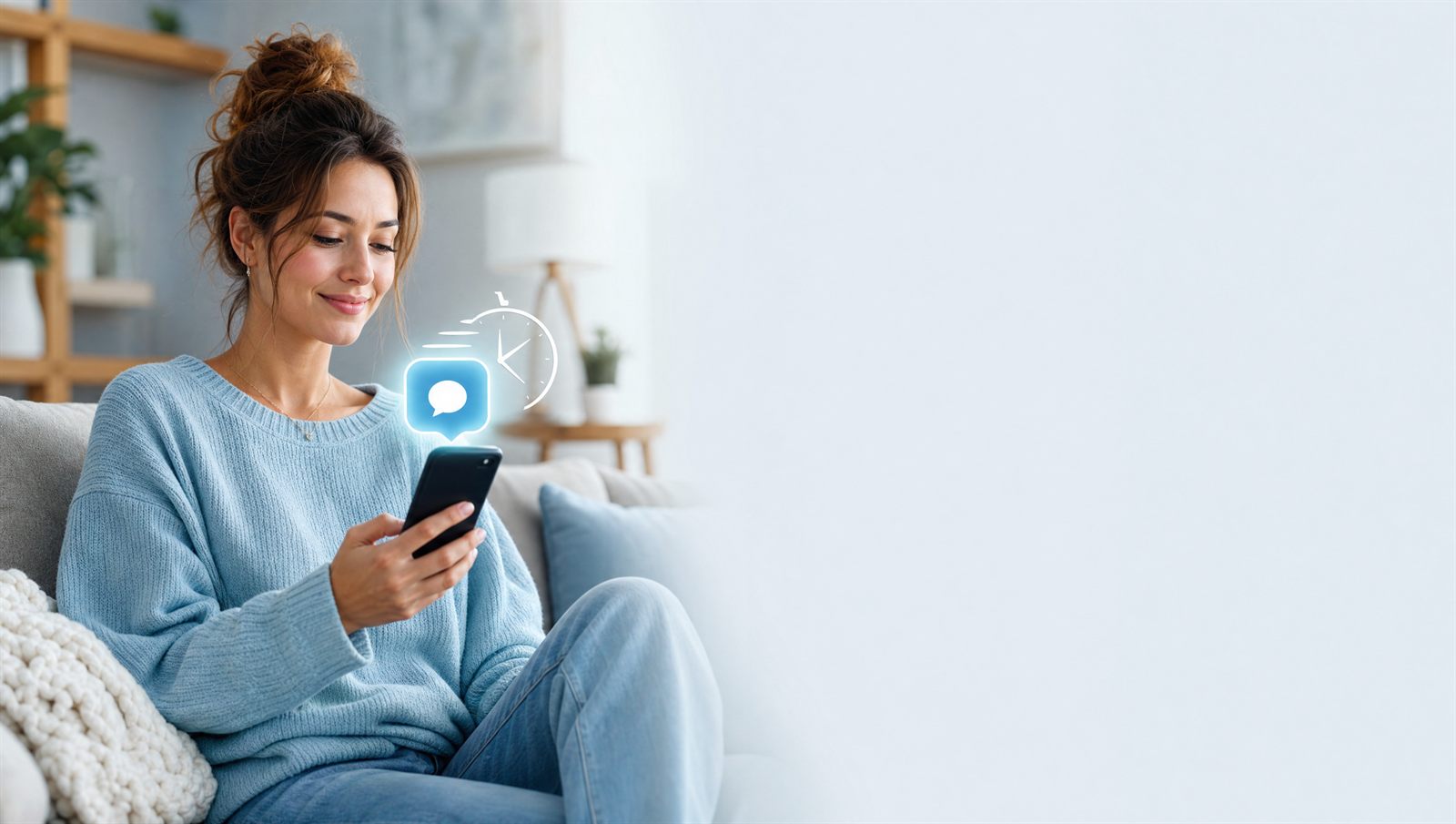 Homeowner on a couch getting an instant reply notification from a contractor