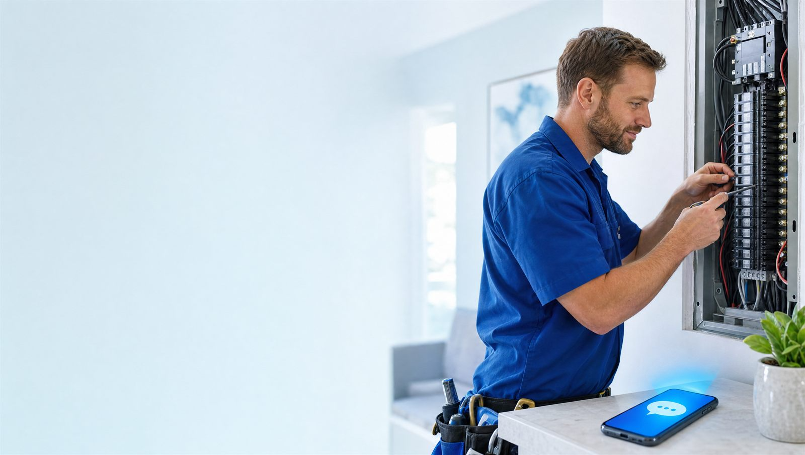 Electrician working inside an open electrical panel while a glowing phone nearby shows an auto-reply text being sent